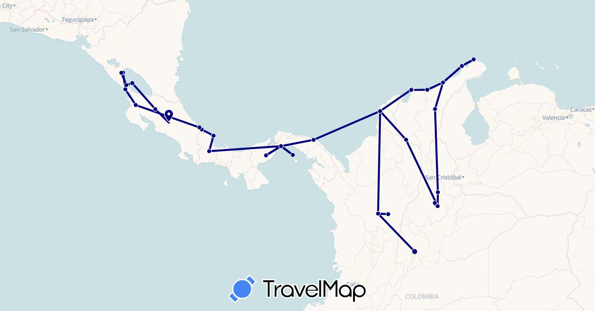 TravelMap itinerary: driving in Colombia, Costa Rica, Nicaragua, Panama (North America, South America)